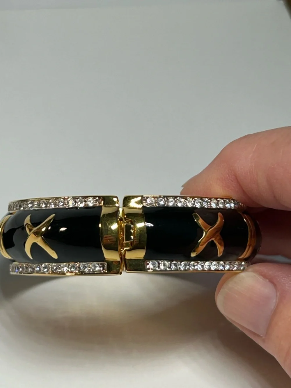 Gold-Tone Black Enamel X Accent Bangle Bracelet